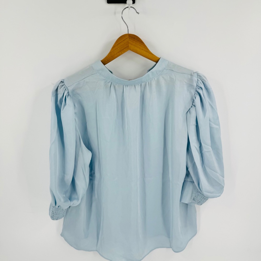 H&M Blouse Light Blue Stand Collar Puff Sleeve Polyester Pullover Top Size M - Picture 3 of 9